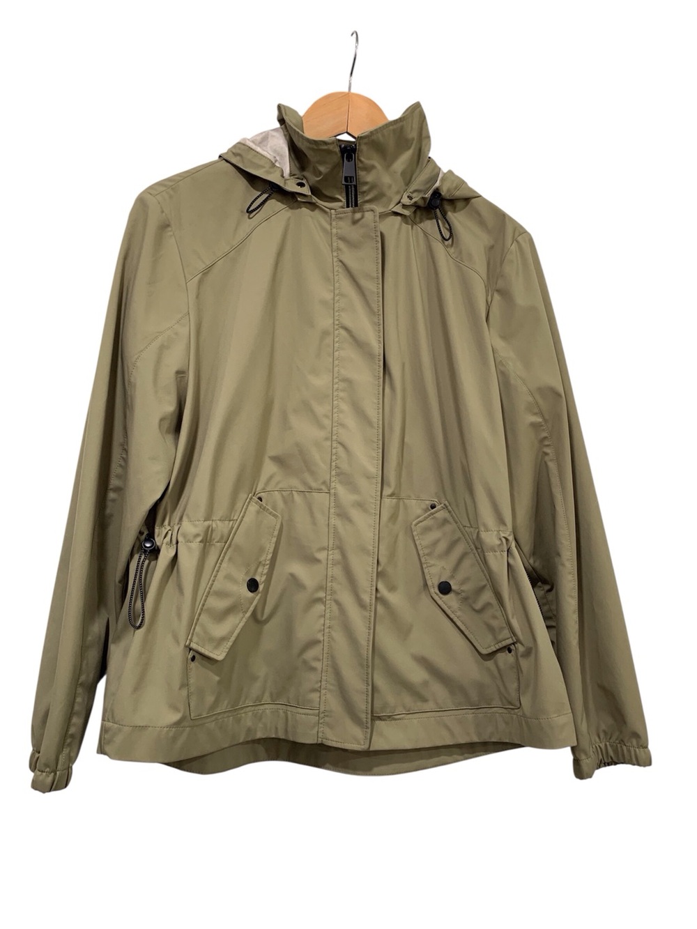Barbara Lebek Rain Jacket Green Tan Hooded Size 10 US/ 14 UK